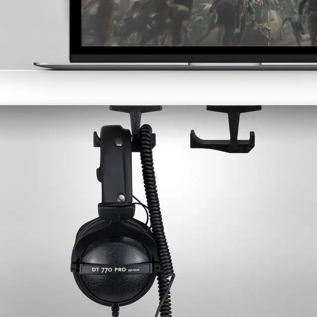 Alt view image 5 of 7 - BigJ Under Desk Headphone Stand (2 Pack) Hanger Holder Mount for Headphones, Gaming Headsets, Mobiles Accessories, Stick On, No Screws (Black)