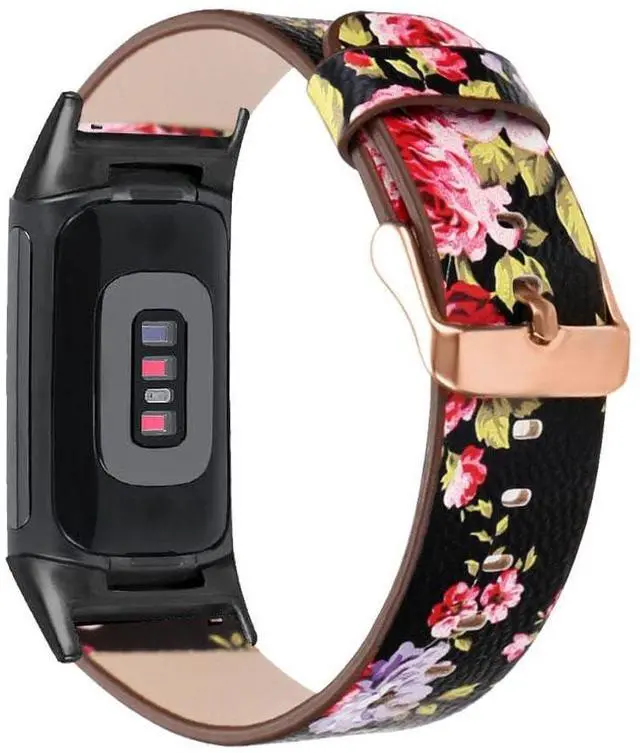 Main image of Leather Bands for Fitbit Charge 6/Charge 5, Floral Print Soft Leather Women Wristband Strap with Stainless Steel Quick Release Compatible with Fitbit Charge 5