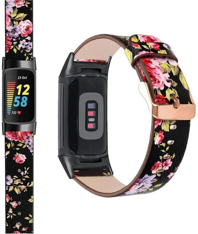 Alt view image 7 of 7 - Leather Bands for Fitbit Charge 6/Charge 5, Floral Print Soft Leather Women Wristband Strap with Stainless Steel Quick Release Compatible with Fitbit Charge 5