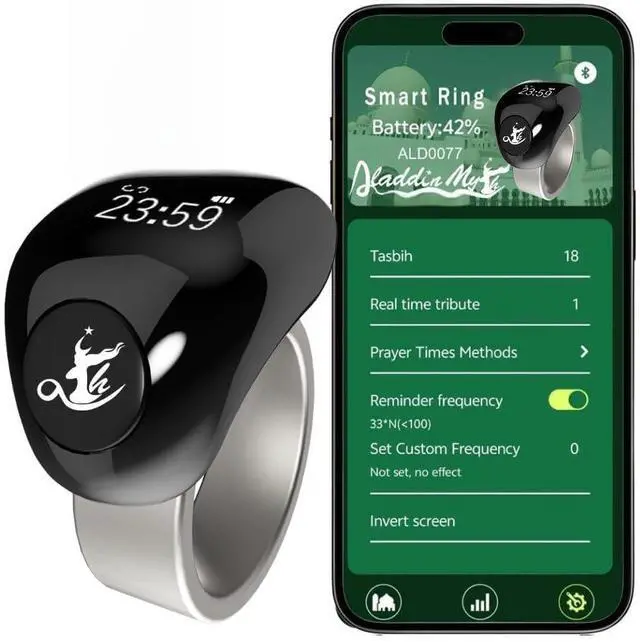 Main image of Aladdin Fashion Tasbih Smart Ring, Tasbeeh Counters, Prayer Direction Indicator Guide,5 Azan Alarm Clock,Forgiveness,Electronic Rosary,Eid al-Fitr Eid al-Adha Ramadan Gift, men women,TiColor 20-22mm