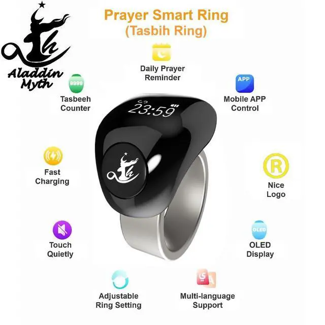 Alt view image 3 of 6 - Aladdin Fashion Tasbih Smart Ring, Tasbeeh Counters, Prayer Direction Indicator Guide,5 Azan Alarm Clock,Forgiveness,Electronic Rosary,Eid al-Fitr Eid al-Adha Ramadan Gift, men women,TiColor 18-20mm