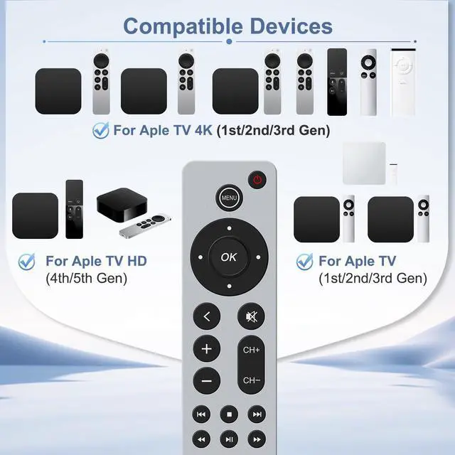 Alt view image 2 of 6 - 2PC Universal Replacement Control for Aple-TV-4K-Remote Control, for Aple TV 4K/HD(1,2,3,4,5 Gen) (NO Voice)
