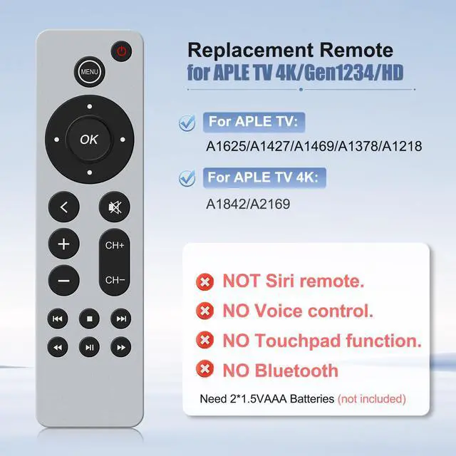 Alt view image 5 of 6 - 2PC Universal Replacement Control for Aple-TV-4K-Remote Control, for Aple TV 4K/HD(1,2,3,4,5 Gen) (NO Voice)
