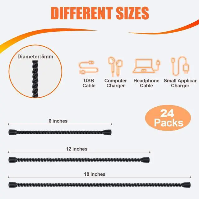 Alt view image 2 of 7 - Silicone Cable Ties 24 Pack, Rubber Twist Ties for Cords 6 12 18 inch | Bendable and Reusable,Waterproof Material,Cord Tie for Bundling and Holding at Home,Office and Outdoor Occasions,Easy to Use