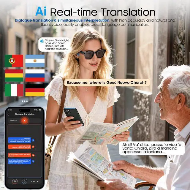 Alt view image 5 of 6 - AI Smart Glasses with 800mp Camera Real-Time Translation in 139 Languages,1200p Video Recording,Open-Ear Audio,Object Recognition for iOS Android