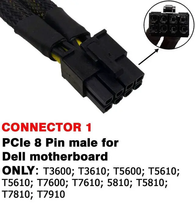 Alt view image 2 of 6 - 8 Pin Male to Dual 8 Pin (6+2) Male PCIe Power Adapter Cable for Dell Precision T3600 T3610 T5600 T5610 T5810 T7600 T7610 T7810 T7910 GPU Power Extension Cord 13-inch (34cm)