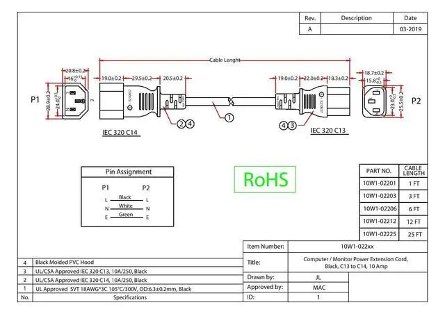 Alt view image 6 of 6 - 25 feet Computer/Monitor Power Extension Cord, C13 Female to C14 Male Plug, 3 Pin, 18 AWG, SVT, 10 Amp, Power Extension Cable for PC/Monitor, C13 to C14 Power Extension Cord, Black