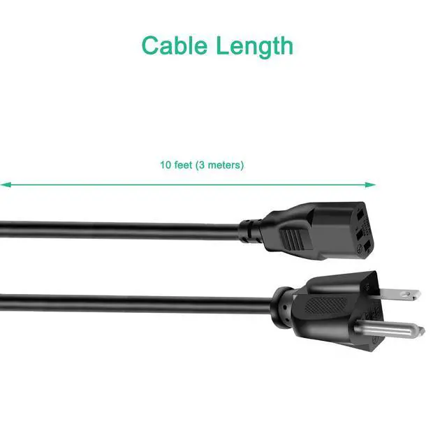 Alt view image 3 of 5 - 10 FT Power Cord Replacement for Samsung/Vizio/LG TV, Dell HP Monitor - 10A 125V 3 Prong Power Supply Cable UL Listed
