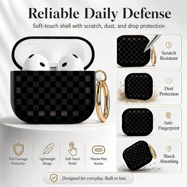 Alt view image 2 of 7 - Compatible with Airpod 4 Case,TPU Cute Pattern Protective, Shockproof Anti Scratch Case with Keychain Ring, Supports Wireless Charging(Black and Gray Checkerboard)