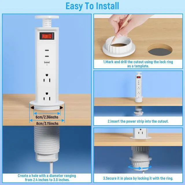 Alt view image 4 of 7 - 2-1/2" Pull Up Outlet for Countertop, USB-C PD 20W and 3 Outlets | Manual-Lift Hidden Design, Space-Saving, 6 Ft Cord, for RV Tables, Camper Interiors, Home Offices, Workbenches