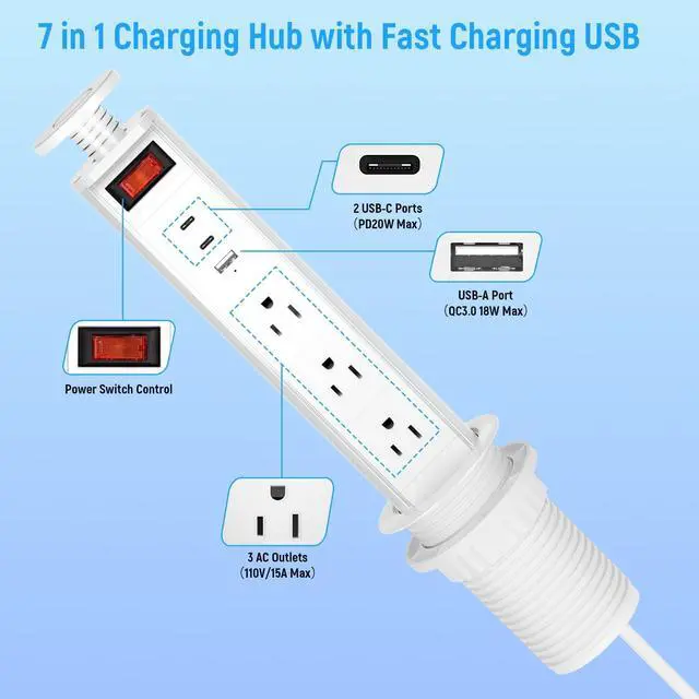 Alt view image 3 of 7 - 2-1/2" Pull Up Outlet for Countertop, USB-C PD 20W and 3 Outlets | Manual-Lift Hidden Design, Space-Saving, 6 Ft Cord, for RV Tables, Camper Interiors, Home Offices, Workbenches