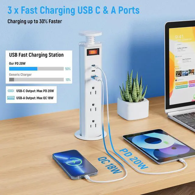 Alt view image 2 of 7 - 2-1/2" Pull Up Outlet for Countertop, USB-C PD 20W and 3 Outlets | Manual-Lift Hidden Design, Space-Saving, 6 Ft Cord, for RV Tables, Camper Interiors, Home Offices, Workbenches