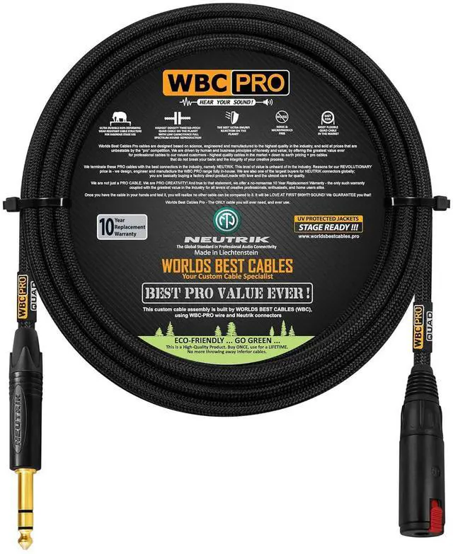 Main image of 10 Foot - WBC-PRO-Quad Ultra-Silent, Ultra-Flexible, Balanced Star-Quad Headphone Extension Cable with ¼ (6.35mm) Neutrik Male TRS Plug to Locking Female TRS Jack & Black Tweed Jacket