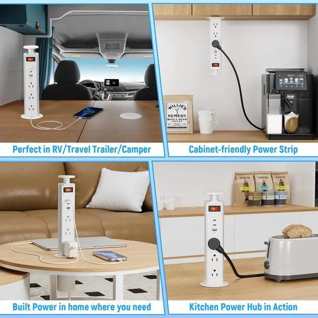 Alt view image 6 of 7 - 2-1/2" Pull Up Outlet for Countertop, USB-C PD 20W and 3 Outlets | Manual-Lift Hidden Design, Space-Saving, 6 Ft Cord, for RV Tables, Camper Interiors, Home Offices, Workbenches