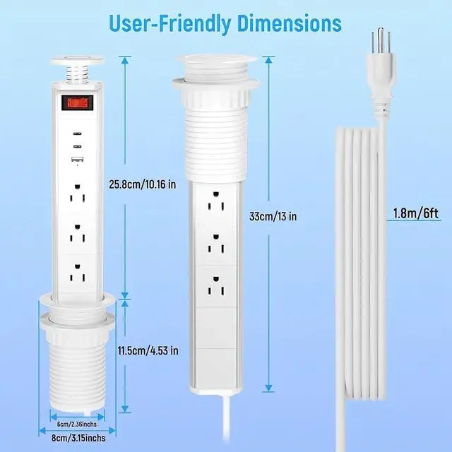 Alt view image 7 of 7 - 2-1/2" Pull Up Outlet for Countertop, USB-C PD 20W and 3 Outlets | Manual-Lift Hidden Design, Space-Saving, 6 Ft Cord, for RV Tables, Camper Interiors, Home Offices, Workbenches