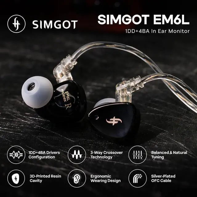 Alt view image 2 of 7 - SIMGOT EM6L 1DD + 4BA Hybrid Driver in-Ear Monitor, Gaming Earbud + Kiwi Ears Allegro Mini Portable IEM DAC, in Ear Monitor Amplifier, USB C to 3.5/4.4mm Output