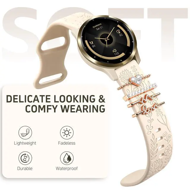 Alt view image 3 of 7 - 22mm Flower Engraved Silicone Band Compatible with Garmin Vivoactive 4/Venu 3/Venu 2/Venu 4 45mm, Women Replacement Strap Compatible with Forerunner 265/255/745