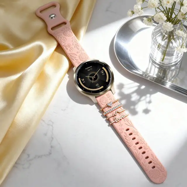 Alt view image 4 of 7 - 22mm Flower Engraved Silicone Band Compatible with Garmin Vivoactive 4/Venu 3/Venu 2/Venu 4 45mm, Women Replacement Strap Compatible with Forerunner 265/255/745