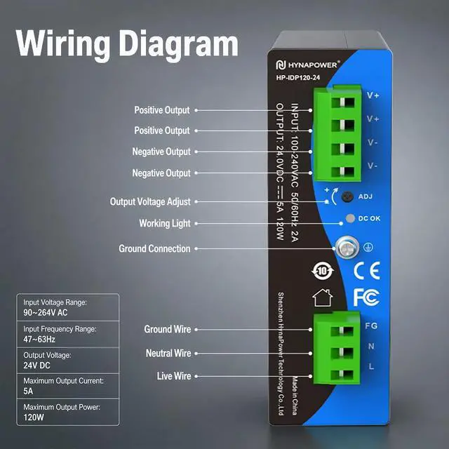 Alt view image 2 of 7 - 24VDC 120W Industrial DIN-Rail Power Supply Switch Switching Converter DC | Input 100-240VAC, Output 24VDC 5A, 50/60HZ, Multiple Protection