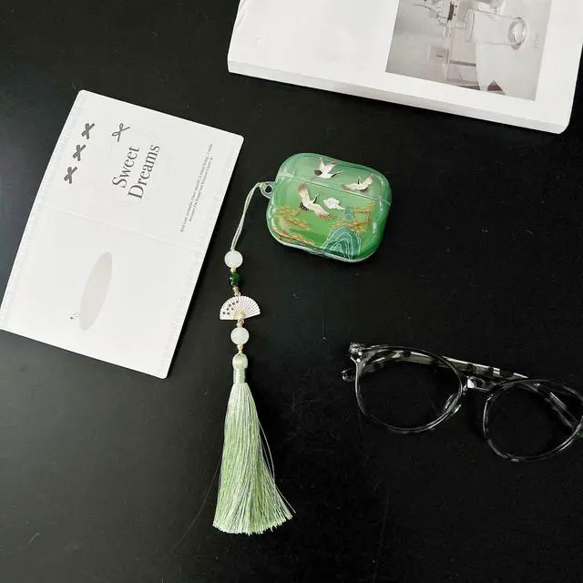 Alt view image 2 of 6 - Lucky Crane Case for AirPod Pro 3, Green Cover Soft TPU Protective Skin Shockproof with Green White Fan Beaded Tassel Keychain and Cleaning Kit, Compatible with Airpods Pro 3 Generation