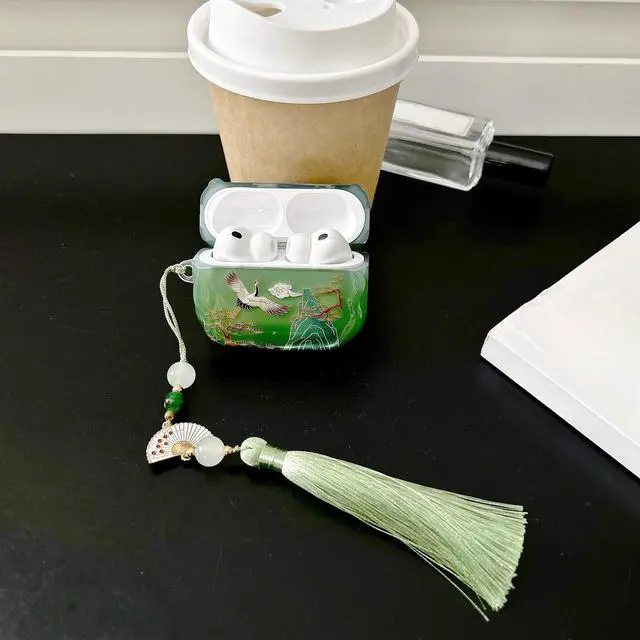 Alt view image 3 of 6 - Lucky Crane Case for AirPod Pro 3, Green Cover Soft TPU Protective Skin Shockproof with Green White Fan Beaded Tassel Keychain and Cleaning Kit, Compatible with Airpods Pro 3 Generation