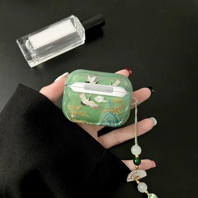 Alt view image 4 of 6 - Lucky Crane Case for AirPod Pro 3, Green Cover Soft TPU Protective Skin Shockproof with Green White Fan Beaded Tassel Keychain and Cleaning Kit, Compatible with Airpods Pro 3 Generation
