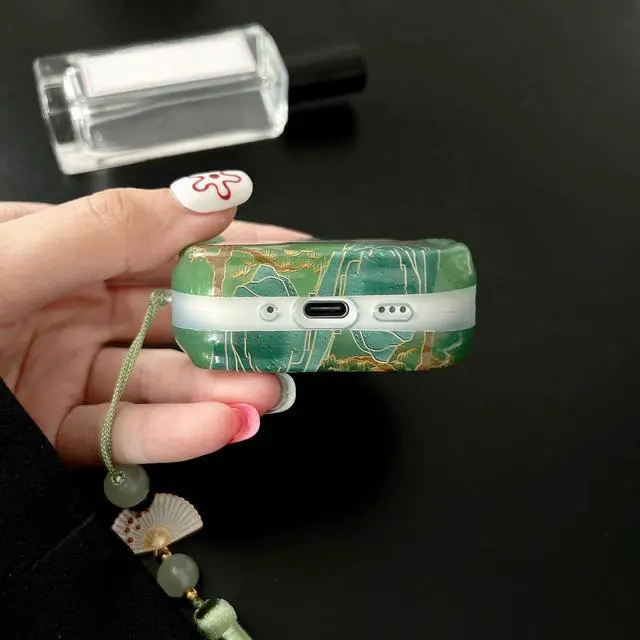 Alt view image 6 of 6 - Lucky Crane Case for AirPod Pro 3, Green Cover Soft TPU Protective Skin Shockproof with Green White Fan Beaded Tassel Keychain and Cleaning Kit, Compatible with Airpods Pro 3 Generation