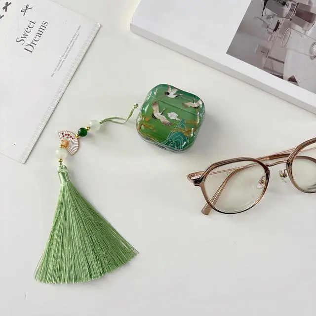 Alt view image 2 of 6 - Lucky Crane Case for AirPods 4, Green Cover Soft TPU Protective Skin Shockproof with Green White Fan Beaded Tassel Keychain and Cleaning Kit, Compatible with Apple Airpods 4 Generation 2024