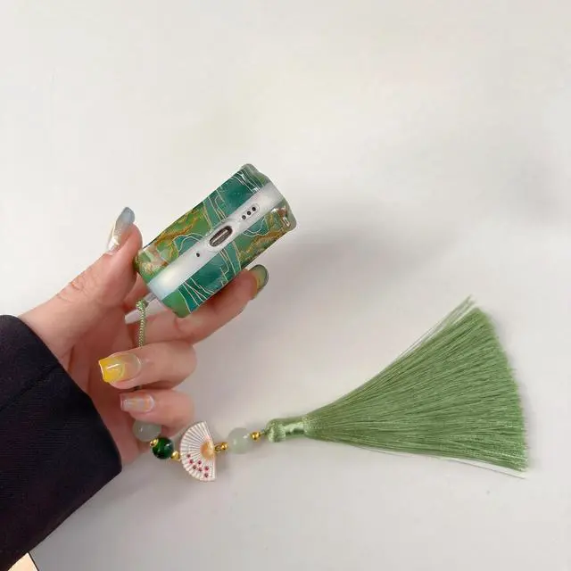 Alt view image 4 of 6 - Lucky Crane Case for AirPods 4, Green Cover Soft TPU Protective Skin Shockproof with Green White Fan Beaded Tassel Keychain and Cleaning Kit, Compatible with Apple Airpods 4 Generation 2024