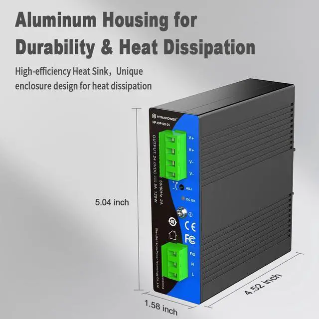 Alt view image 6 of 7 - 24VDC 120W Industrial DIN-Rail Power Supply Switch Switching Converter DC | Input 100-240VAC, Output 24VDC 5A, 50/60HZ, Multiple Protection