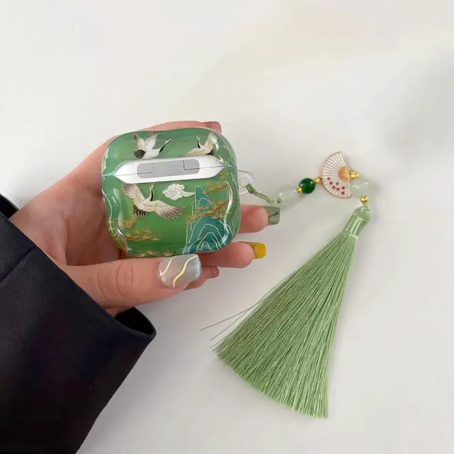 Alt view image 5 of 6 - Lucky Crane Case for AirPods 4, Green Cover Soft TPU Protective Skin Shockproof with Green White Fan Beaded Tassel Keychain and Cleaning Kit, Compatible with Apple Airpods 4 Generation 2024