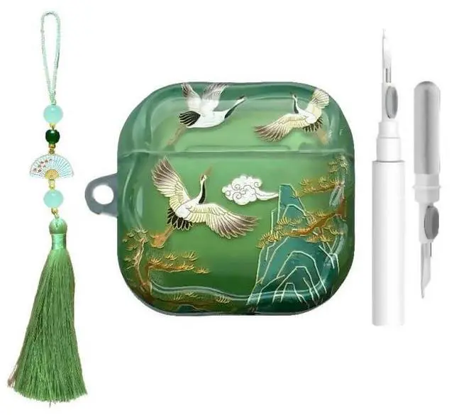 Main image of Lucky Crane Case for AirPods 4, Green Cover Soft TPU Protective Skin Shockproof with Green White Fan Beaded Tassel Keychain and Cleaning Kit, Compatible with Apple Airpods 4 Generation 2024