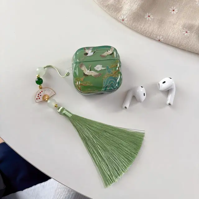 Alt view image 3 of 6 - Lucky Crane Case for AirPods 4, Green Cover Soft TPU Protective Skin Shockproof with Green White Fan Beaded Tassel Keychain and Cleaning Kit, Compatible with Apple Airpods 4 Generation 2024