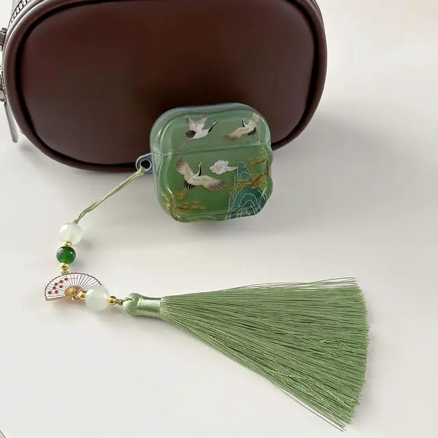 Alt view image 6 of 6 - Lucky Crane Case for AirPods 4, Green Cover Soft TPU Protective Skin Shockproof with Green White Fan Beaded Tassel Keychain and Cleaning Kit, Compatible with Apple Airpods 4 Generation 2024