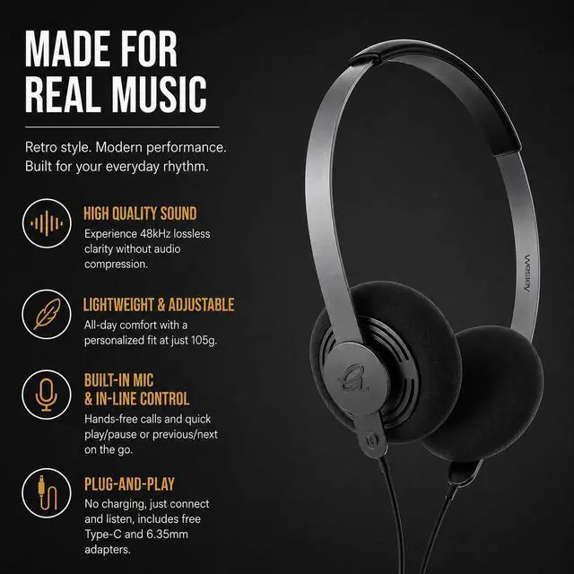 Alt view image 7 of 7 - Gadhouse Wesley Wired On-Ear Headphones with Microphone 40mm Dynamic Drivers, Retro 80s Style Headphones for Music & Calls, Lightweight PU Leather Headband, Includes USB-C & 6.35mm Adapters, 105g