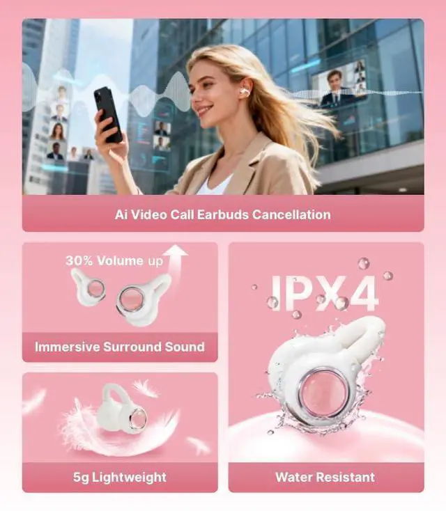 Alt view image 6 of 6 - FairyClip A2 Open-Ear Earbuds, Clip On AI Translation Headphones, Wireless Adaptive Comfort Bluetooth 5.4 Waterproof 28H Earphone Makeup Mirror for Sports & Workouts Women Gifts, Dawn Pink