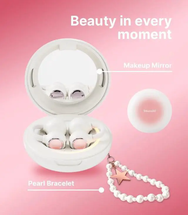 Alt view image 5 of 6 - FairyClip A2 Open-Ear Earbuds, Clip On AI Translation Headphones, Wireless Adaptive Comfort Bluetooth 5.4 Waterproof 28H Earphone Makeup Mirror for Sports & Workouts Women Gifts, Dawn Pink