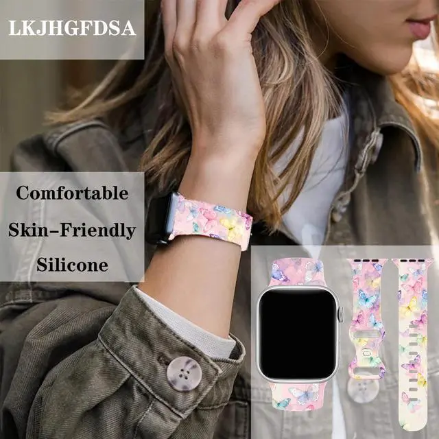 Alt view image 2 of 7 - Butterflies Watch Band Compatible with Apple Watch, Silicone Strap Adjustable Replacement for Iwatch Bands All Series