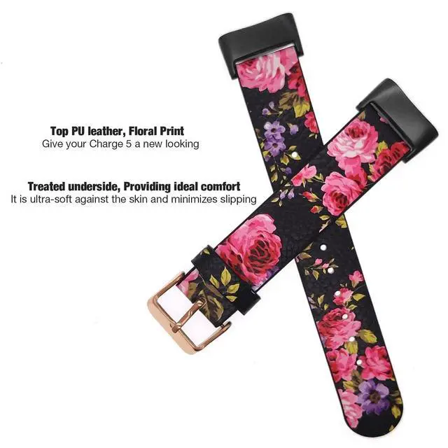 Alt view image 2 of 7 - Leather Bands for Fitbit Charge 6/Charge 5, Floral Print Soft Leather Women Wristband Strap with Stainless Steel Quick Release Compatible with Fitbit Charge 5