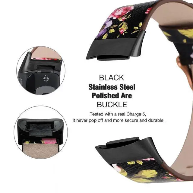 Alt view image 3 of 7 - Leather Bands for Fitbit Charge 6/Charge 5, Floral Print Soft Leather Women Wristband Strap with Stainless Steel Quick Release Compatible with Fitbit Charge 5
