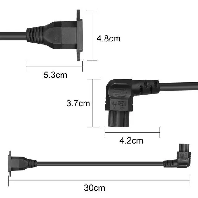 Alt view image 7 of 7 - Panel Mount C14 to 90 Degree C5 PDU Power Supply Cable IEC 320 C14 Male to Right Angled 3 Pin C5 Female Plug Extension Cable for Monitor Computer (30CM)
