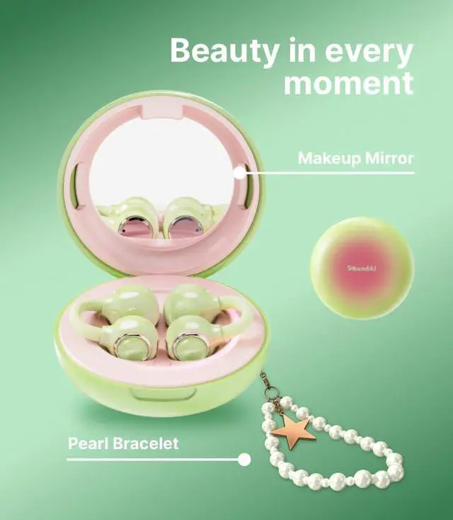 Alt view image 5 of 6 - FairyClip A2 Open-Ear Earbuds, Clip On AI Translation Headphones, Wireless Adaptive Comfort Bluetooth 5.4 Waterproof 28H Earphone Makeup Mirror for Sports & Workouts Women Gifts, Guava Green