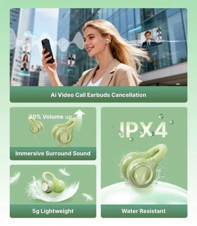 Alt view image 6 of 6 - FairyClip A2 Open-Ear Earbuds, Clip On AI Translation Headphones, Wireless Adaptive Comfort Bluetooth 5.4 Waterproof 28H Earphone Makeup Mirror for Sports & Workouts Women Gifts, Guava Green