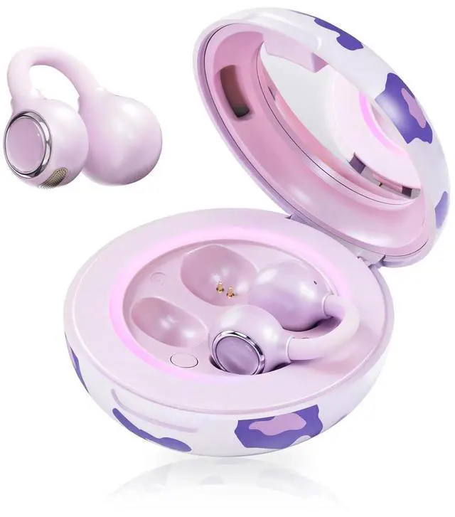 Main image of FairyClip A2 Open-Ear Earbuds, Clip On AI Translation Headphones, Wireless Adaptive Comfort Bluetooth 5.4 Waterproof 28H Earphone Makeup Mirror for Sports & Workouts Women Gifts, Purple Spots