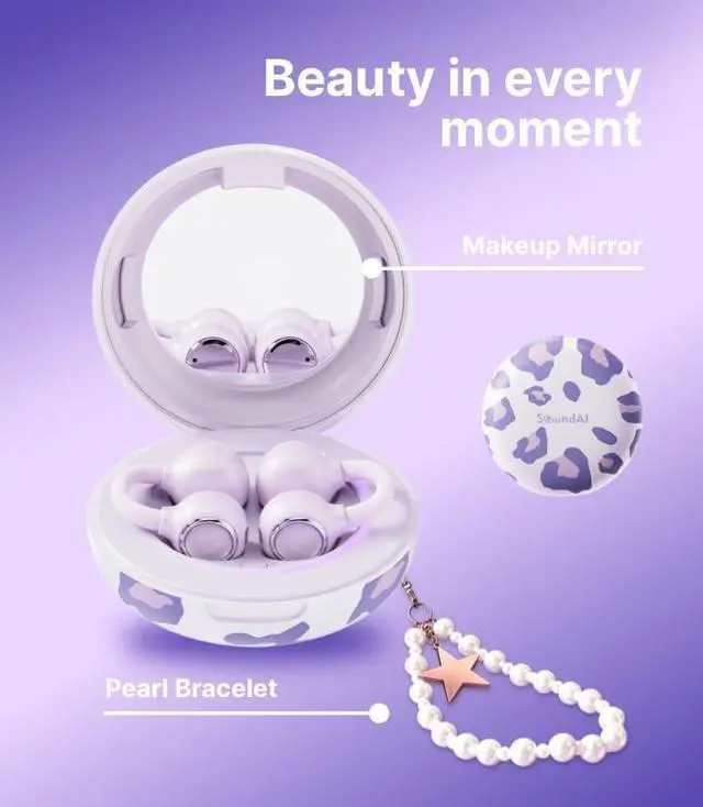 Alt view image 5 of 6 - FairyClip A2 Open-Ear Earbuds, Clip On AI Translation Headphones, Wireless Adaptive Comfort Bluetooth 5.4 Waterproof 28H Earphone Makeup Mirror for Sports & Workouts Women Gifts, Purple Spots