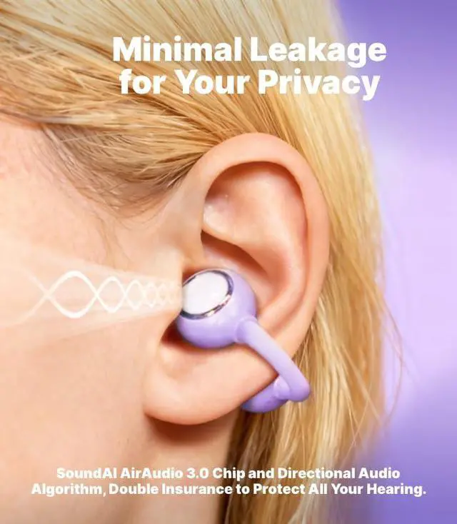 Alt view image 3 of 6 - FairyClip A2 Open-Ear Earbuds, Clip On AI Translation Headphones, Wireless Adaptive Comfort Bluetooth 5.4 Waterproof 28H Earphone Makeup Mirror for Sports & Workouts Women Gifts, Purple Spots