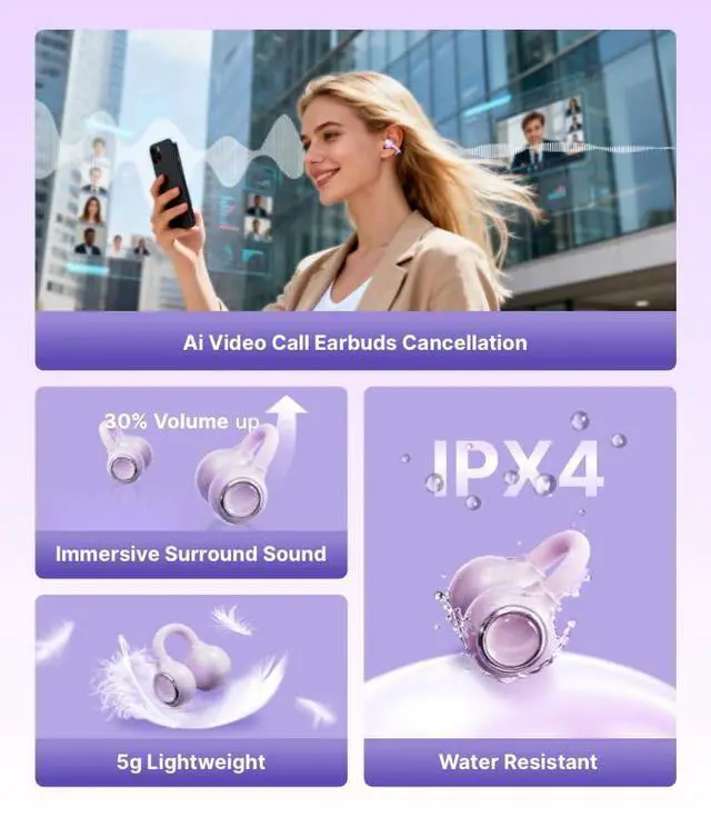 Alt view image 6 of 6 - FairyClip A2 Open-Ear Earbuds, Clip On AI Translation Headphones, Wireless Adaptive Comfort Bluetooth 5.4 Waterproof 28H Earphone Makeup Mirror for Sports & Workouts Women Gifts, Purple Spots