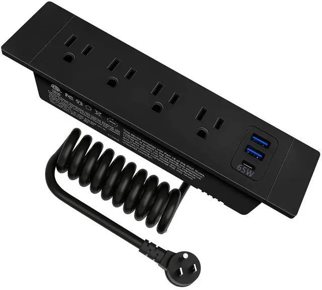 Main image of Drawer Outlet, Recessed Power Strip with USB C PD65W Fast Charger Station | Recessed Outlet, Spring Power Cable for Cabinets,Conference Rooms, Office Tables, Furniture (Black)