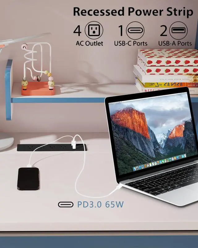 Alt view image 2 of 6 - Drawer Outlet, Recessed Power Strip with USB C PD65W Fast Charger Station | Recessed Outlet, Spring Power Cable for Cabinets,Conference Rooms, Office Tables, Furniture (Black)