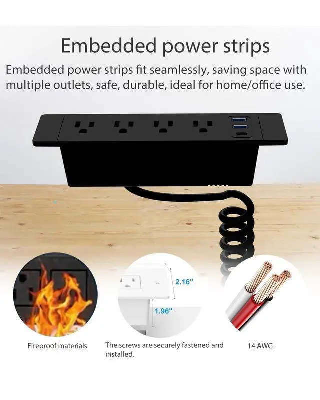 Alt view image 5 of 6 - Drawer Outlet, Recessed Power Strip with USB C PD65W Fast Charger Station | Recessed Outlet, Spring Power Cable for Cabinets,Conference Rooms, Office Tables, Furniture (Black)